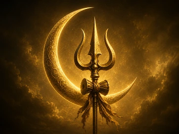Crescent moon with trishul in a glowing devotional setting